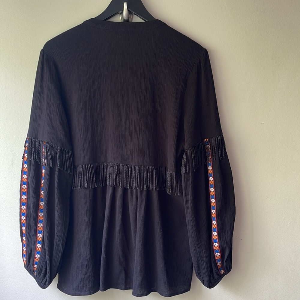 Anthropologie Dor Dor Couture Embroidered Beaded Rhinestone Fringe Shacket Top - Picture 3 of 16